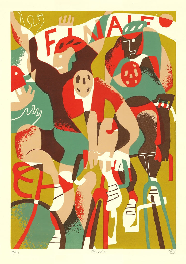 Colorful illustration of cyclists in a race with 'FINALE' text