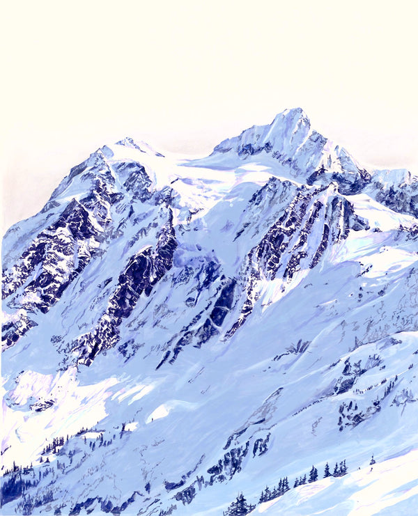 A realistic pen, paint marker, paint, and pastel artwork depiction of a snow-covered mountain range in blue, part of the Ice-cream Mountain Series.