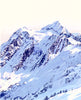 A realistic pen, paint marker, paint, and pastel artwork depiction of a snow-covered mountain range in blue, part of the Ice-cream Mountain Series.