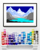 Framed contemporary art print of a mountain landscape with a teal lake and blue sky, displayed above a mantel piece with paint containers.