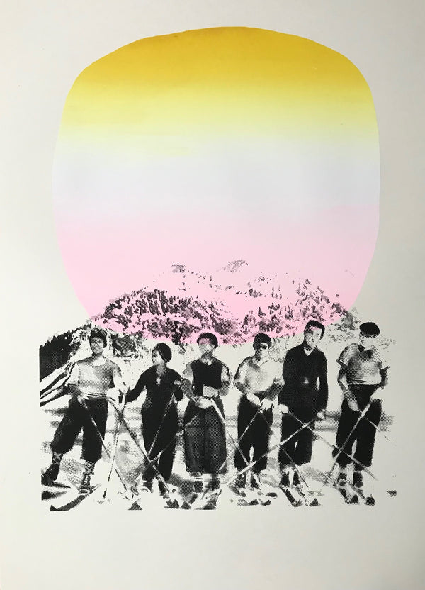 A screen print of several skiers in vintage clothing, with a stylized mountain range in the background. The colors beige, black, cream, pink, and yellow are prominent in the artwork.