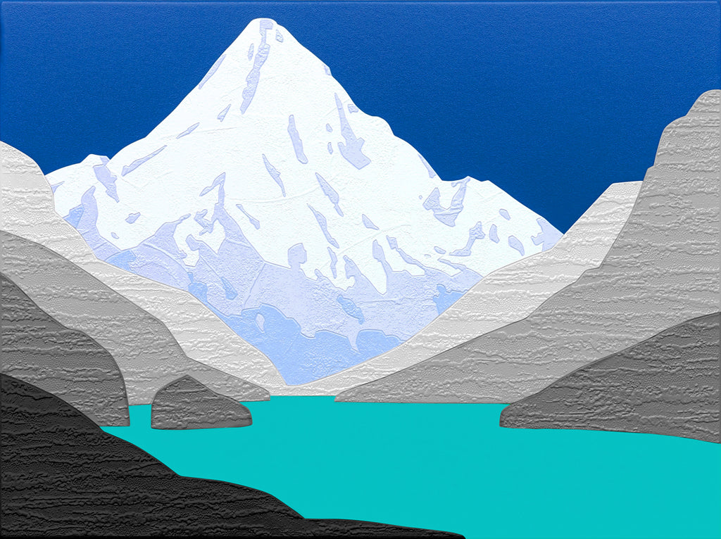 original painting of Mountain landscape with a lake and snow-capped peak against a blue sky.