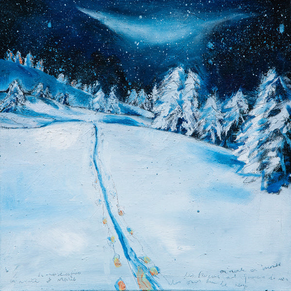 Snowy winter scene painting in oil. Starry sky with a mountain landscape. Footprints follow a trail to the pine trees covered in snow.