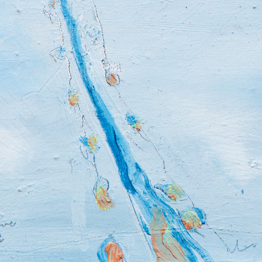 detail from a winter scene painting in oil. artist impression of blue and orange footprints on a textured light blue background depicting snow.