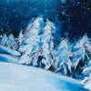 Winter scene painting depicting winter landscape with snow-covered trees and mountains under a dark blue sky.