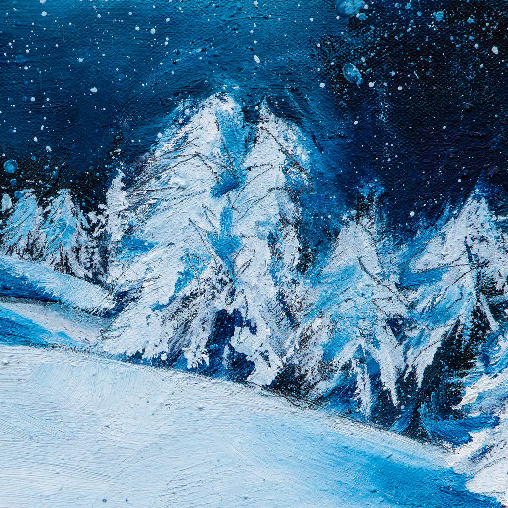 Winter scene painting depicting winter landscape with snow-covered trees and mountains under a dark blue sky.