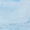 Hand written text in pencil on a textured blue background in oil paints. Detail from a winter scene painting of a snowy landscape.