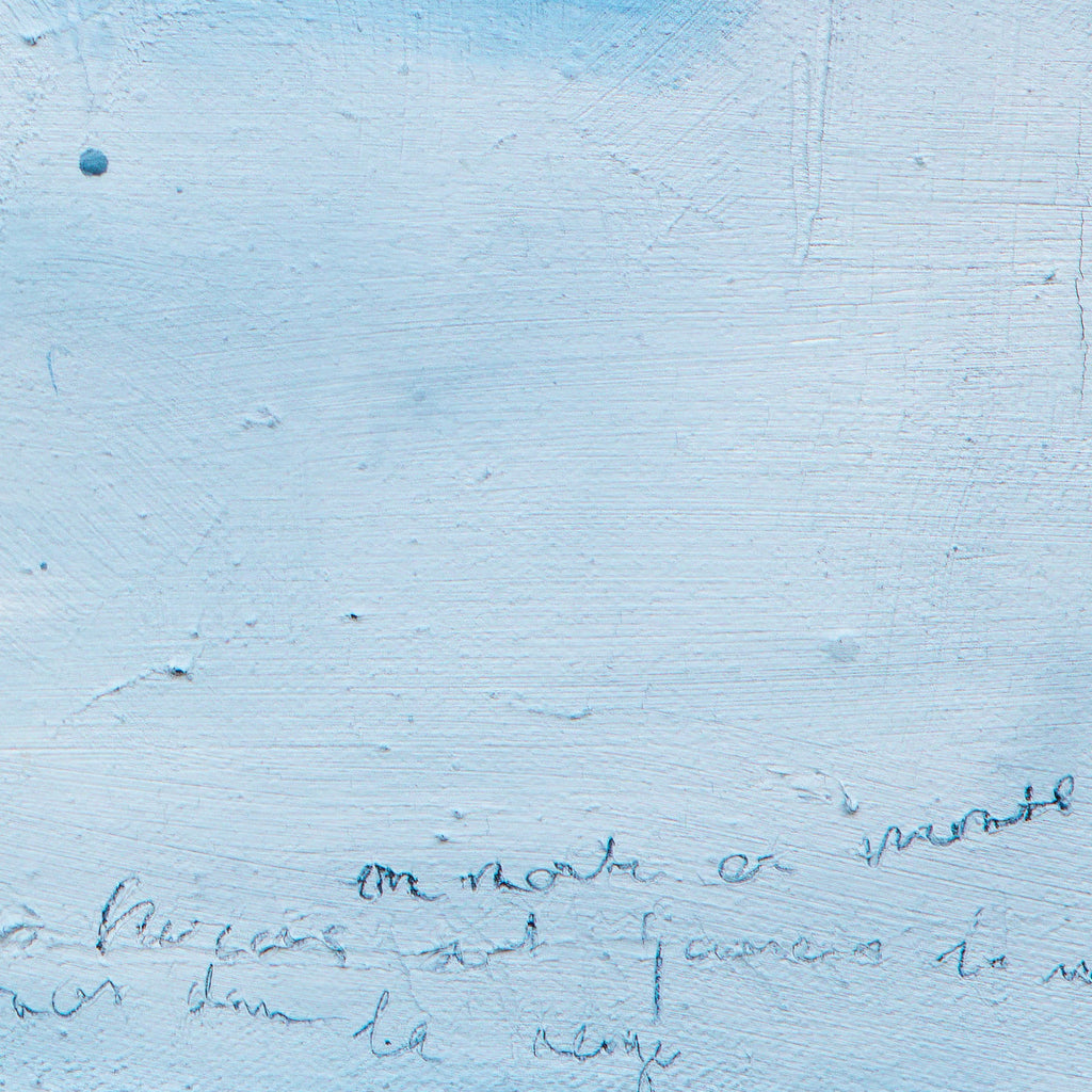 Hand written text in pencil on a textured blue background in oil paints. Detail from a winter scene painting of a snowy landscape.