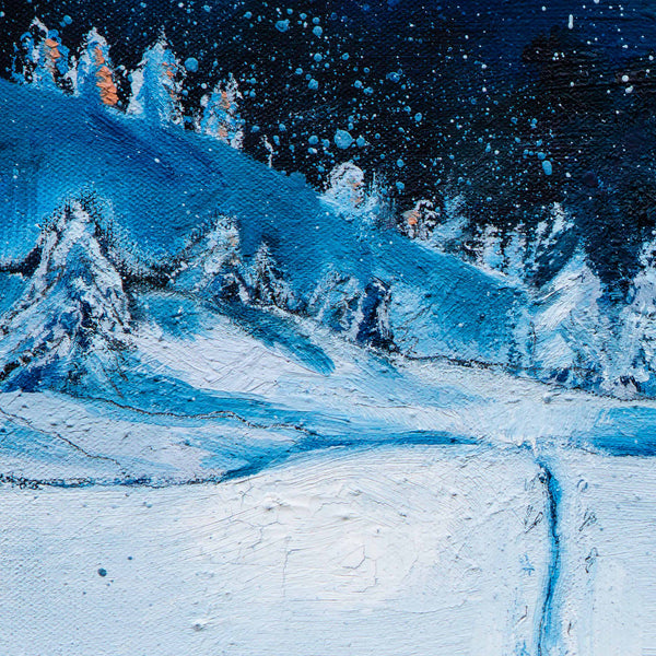 Snowy mountain landscape with trees at night. Detail from a winter scene painting in oils. Textured brushstrokes.