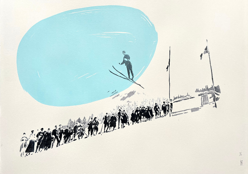 Skiier in mid-air above a crowd with a blue sky background