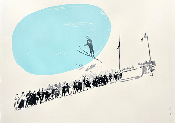 Skiier in mid-air above a crowd with a blue sky background