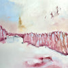Winter landscape painting of a snowy winter wonderland. pinks and off white toned oil paint. impression of pine trees and a chair lift in a ski resort.