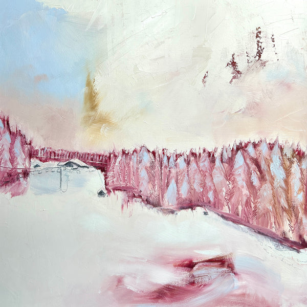 Winter landscape painting of a snowy winter wonderland. pinks and off white toned oil paint. impression of pine trees and a chair lift in a ski resort.