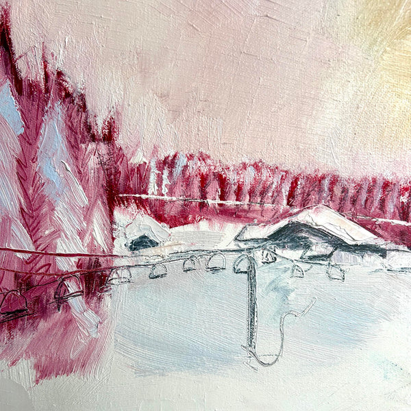 detail from a winter landscape painting in oils. Pink tones, whites and pastels. Illustrated chair lift and chalets under a blanket of snow.