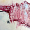 detail of a winter landscape painting. Abstract textured pines trees and ski chalet in the mountians painted in pinks and off whites.
