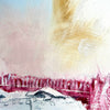 close-up of a winter landscape painting. a ski resort in snow depicting a chair lift, pine trees and a chalet. ochre pinks and off white tones in oil paint.
