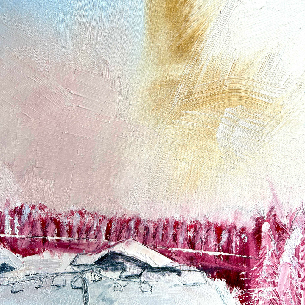 close-up of a winter landscape painting. a ski resort in snow depicting a chair lift, pine trees and a chalet. ochre pinks and off white tones in oil paint.