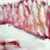 close-up of a winter landscape painting. abstract loose brushstrokes depicting pines trees on a ski slope. tones of pinks and whites in oils. 