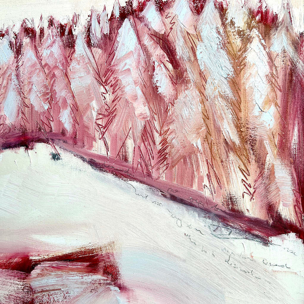close-up of a winter landscape painting. abstract loose brushstrokes depicting pines trees on a ski slope. tones of pinks and whites in oils. 