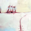 In Another, snowscape painting in oil closeup. Soft pastel colours and abstract pine trees and footprints in the snow.