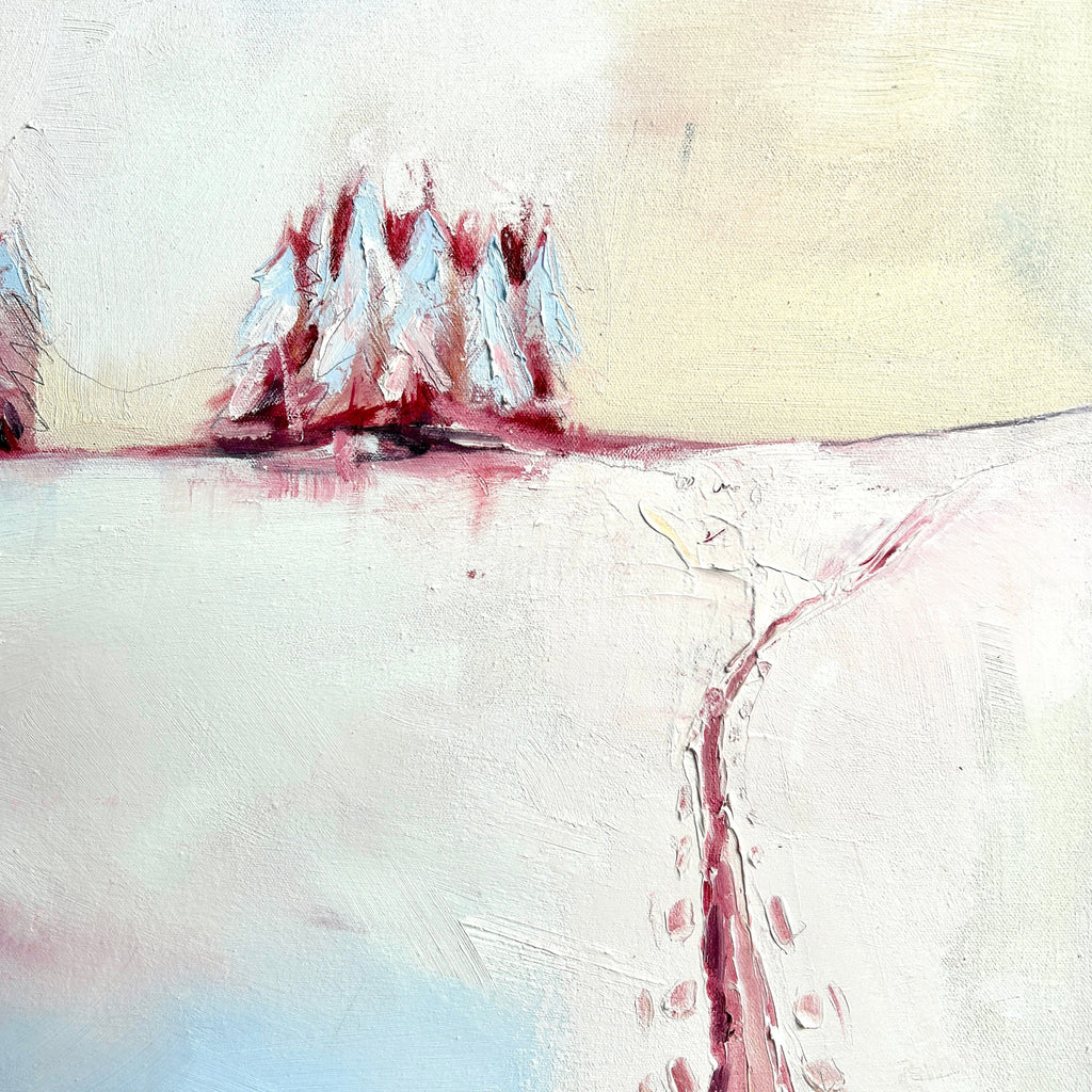 In Another, snowscape painting in oil closeup. Soft pastel colours and abstract pine trees and footprints in the snow.