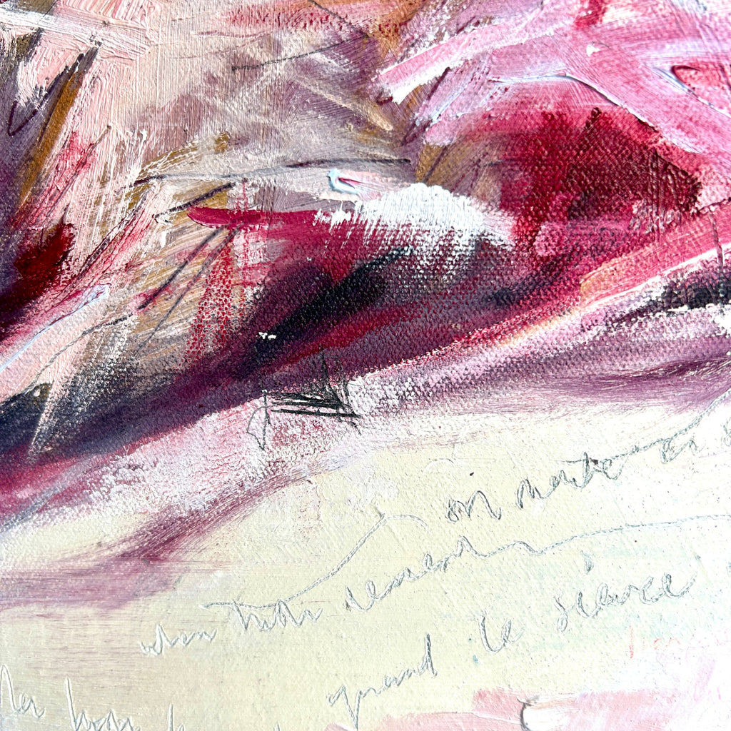 Snowscape painting close-up.Abstract art with pink, red, and black brush strokes on a light background depicting pine trees. Written words in pencil.