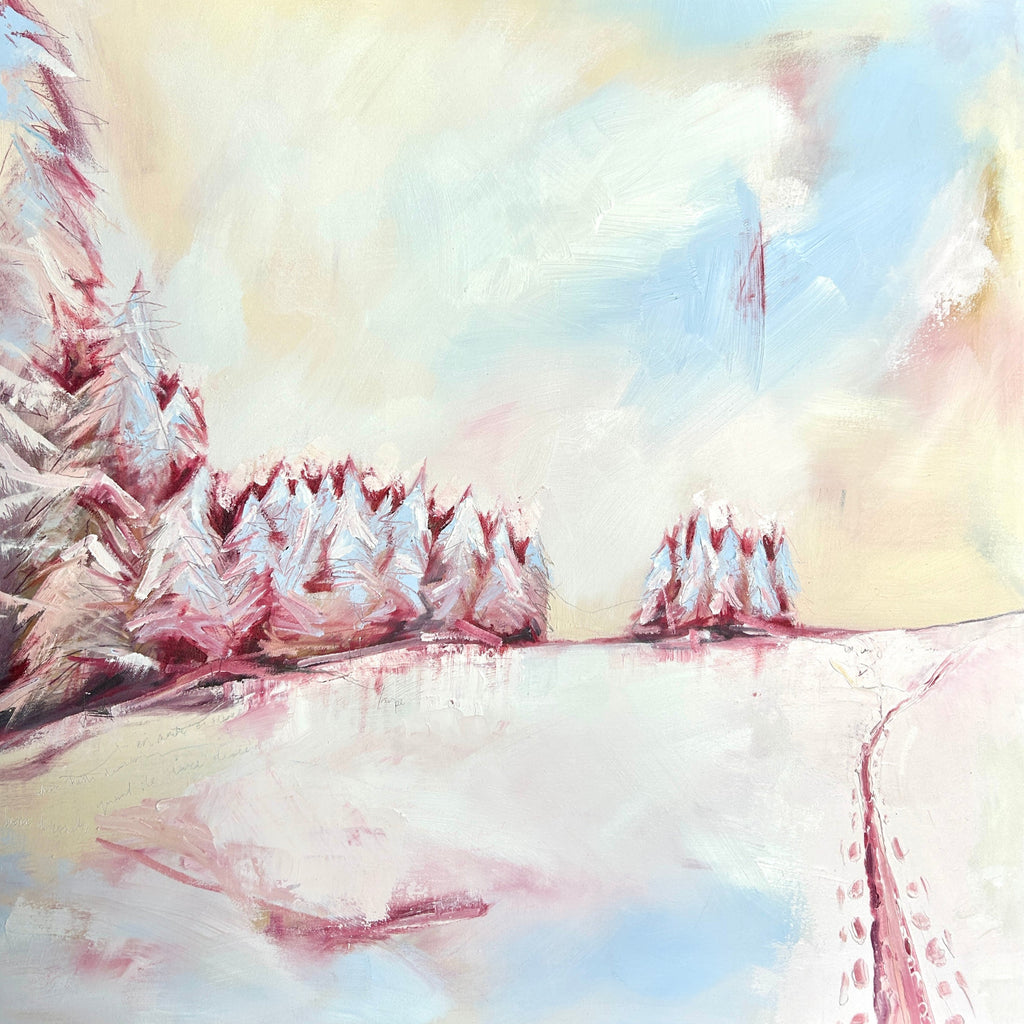 Snowscape painting in oil paint of pine trees covered in snow and footprints in the snow. A winter wonderland in pinks and off white colours.