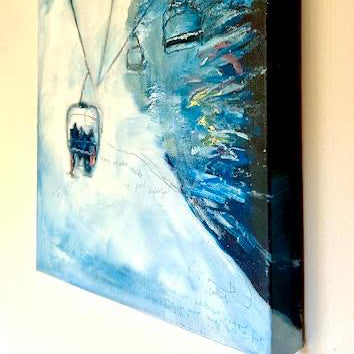 Side view of skier painting called In Another world. Oil painting of a snowy landscape with ski lifts.