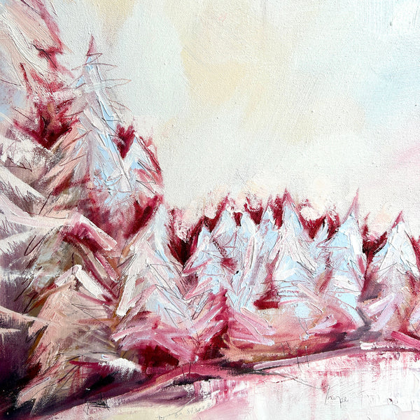 Snowscape painting in oils depicting pine trees in a snowy winter wonderland. Pink and white colours on a textured surface