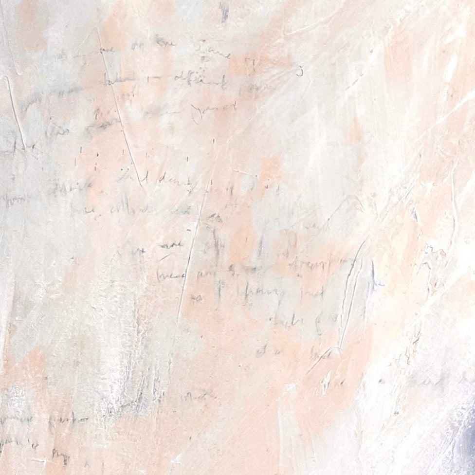Abstract art with soft pink and gray colors on a textured background with writing taken from a close-up of a snow scene painting.