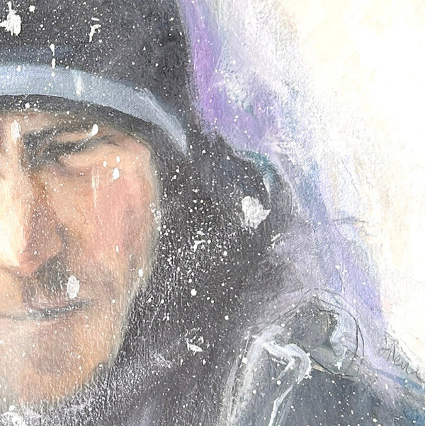 Snowscene painting of man wearing a hood with snow swirling around his face