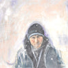 Snow scene painting of a man wearing a hooded jacket in a snowy environment. n textured peach and grey toned paint