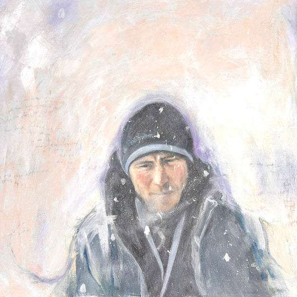 Snow scene painting of a man wearing a hooded jacket in a snowy environment. n textured peach and grey toned paint