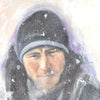 Snow scene painting of a Person wearing a hooded jacket with snowflakes on a textured background