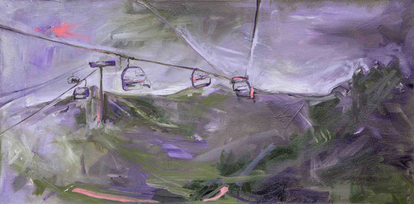 Contemporary art print from an original painting of a ski lift with green and purple oil paint full view