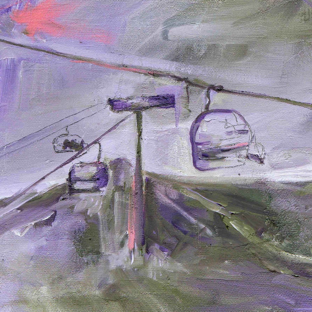 contemporary art print from a painting of a ski resort. Close up of chair lift with purple and green
