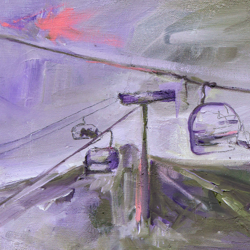 contemporary art print a ski resort chair lift with purple pink and green oils close up, texture