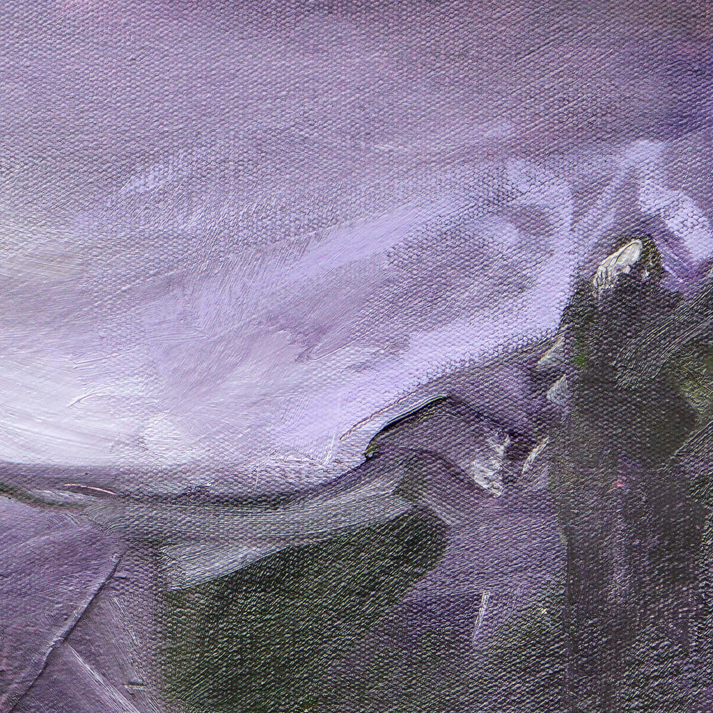 contemporary art print made from an abstract painting with purple and dark green tones. close up