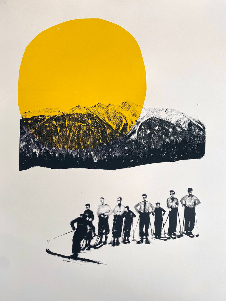 A screen print featuring a yellow sun with mountains in the background, depicting a vintage ski scene with skiers in black and white attire.