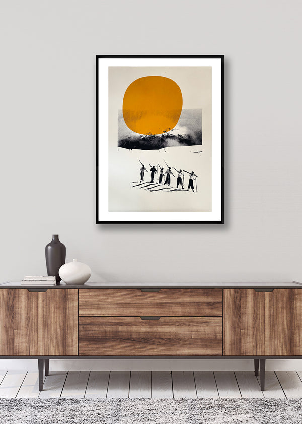 vintage ski picture in yellow framed on wall above console table