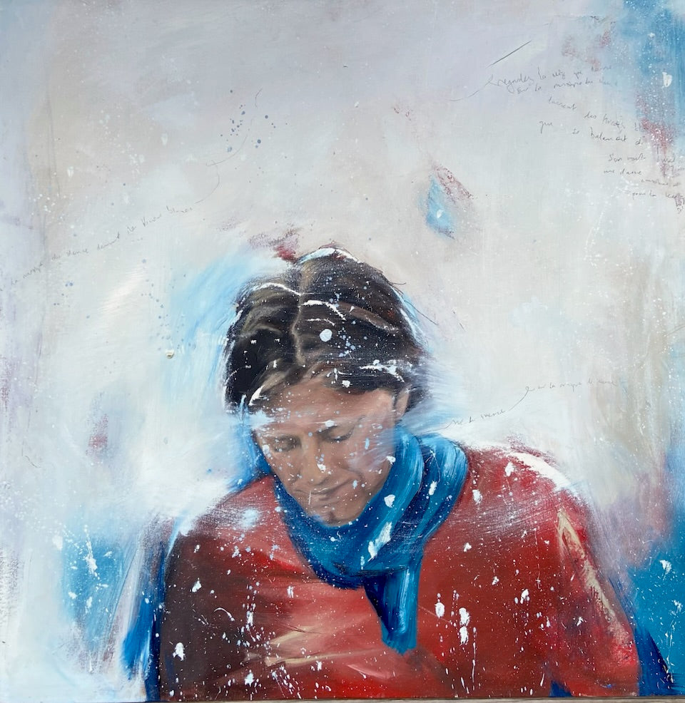 Painting of a man in the snow in winter. Artistic depiction of a person wearing a red sweater and blue scarf with a textured white background