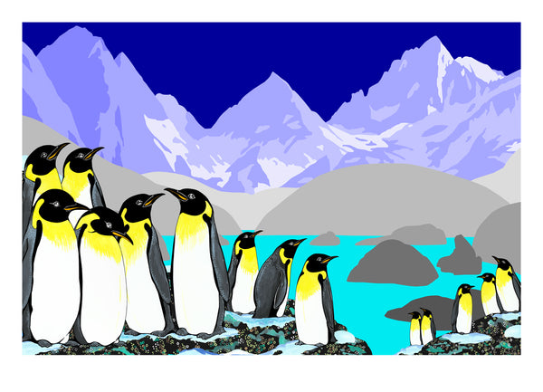 Penguin artwork. Illustration of penguins on a rocky shore with mountains in the background