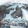 close-up of a winter landscape artwork depicting an alpine ski village in a swirling snow storm. Grey, navy and light blue oil pint.