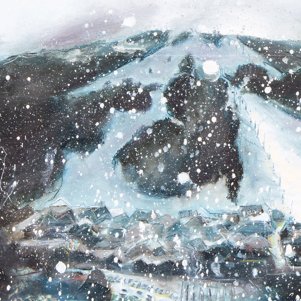 close-up of a winter landscape artwork depicting an alpine ski village in a swirling snow storm. Grey, navy and light blue oil pint.