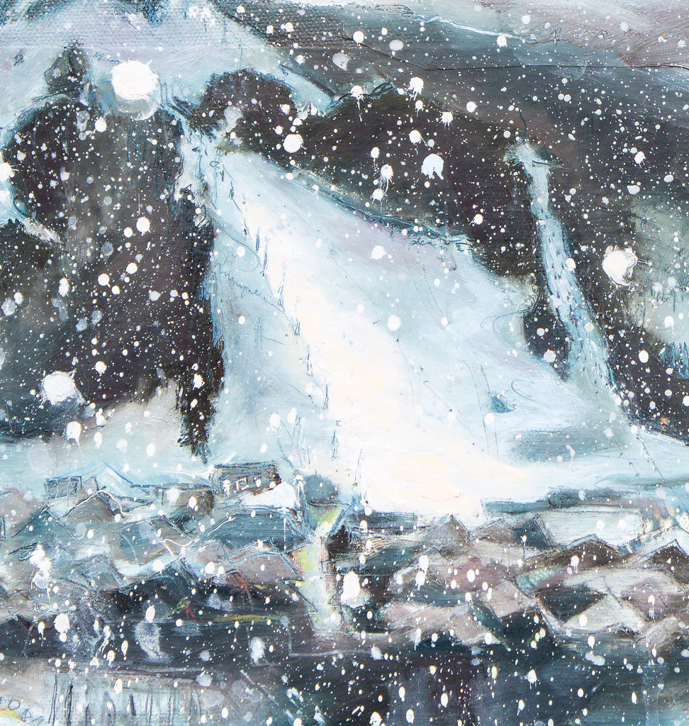 close-up detail from a winter landscape artwork of a ski resort in the snow.