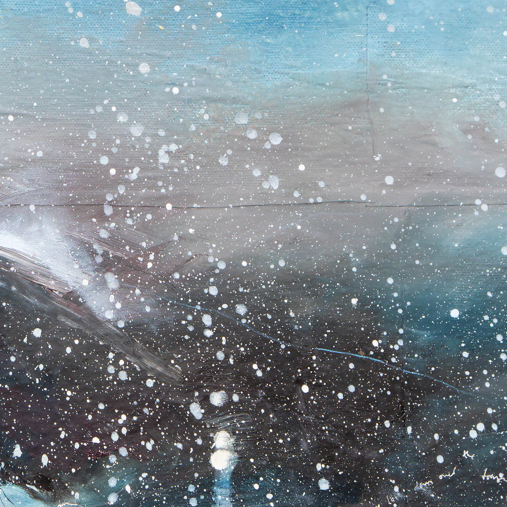 detail from a winter landscape artwork depicting a snowstorm on textures of grey and blue.