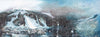 Winter landscape artwork overlooking the Alpine town of Morzine. The Pleney Chair lift is visible through the swirling snow. Limited edition print of original panoramic painting in oils with texture and movement. 30 x80cm