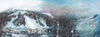 panoramic winter landscape artwork created from original oil painting of the Pleney Cable car in a snowstorm in Morzine. Textures of blues and greys. 30x80cm