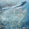 Abstract winter landscape artwork with swirling blue and green colours and white specks of snow. Words are written randomly across the artwork.