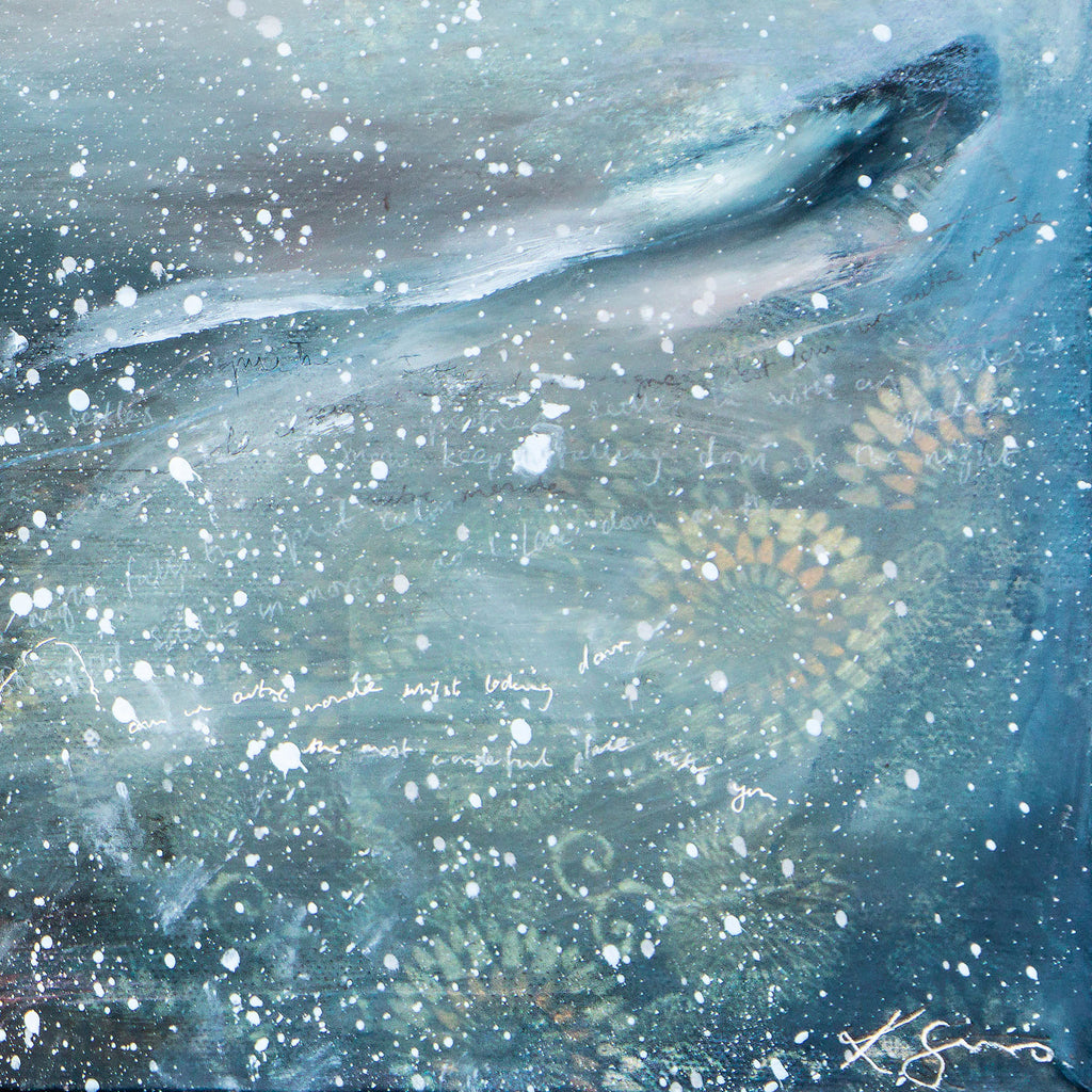 Abstract winter landscape artwork with swirling blue and green colours and white specks of snow. Words are written randomly across the artwork.
